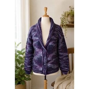 Hand Knit Purple Shawl Collar Cardigan Cozy Cottagecore XL Oversized